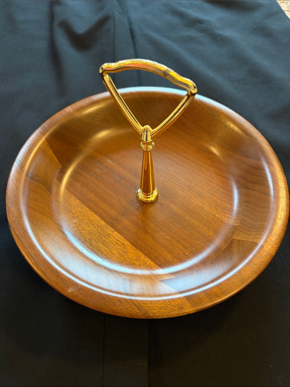 MCM Ozark Walnutware solid walnut Nut Bowl serve tidbit tray with goldtone handl